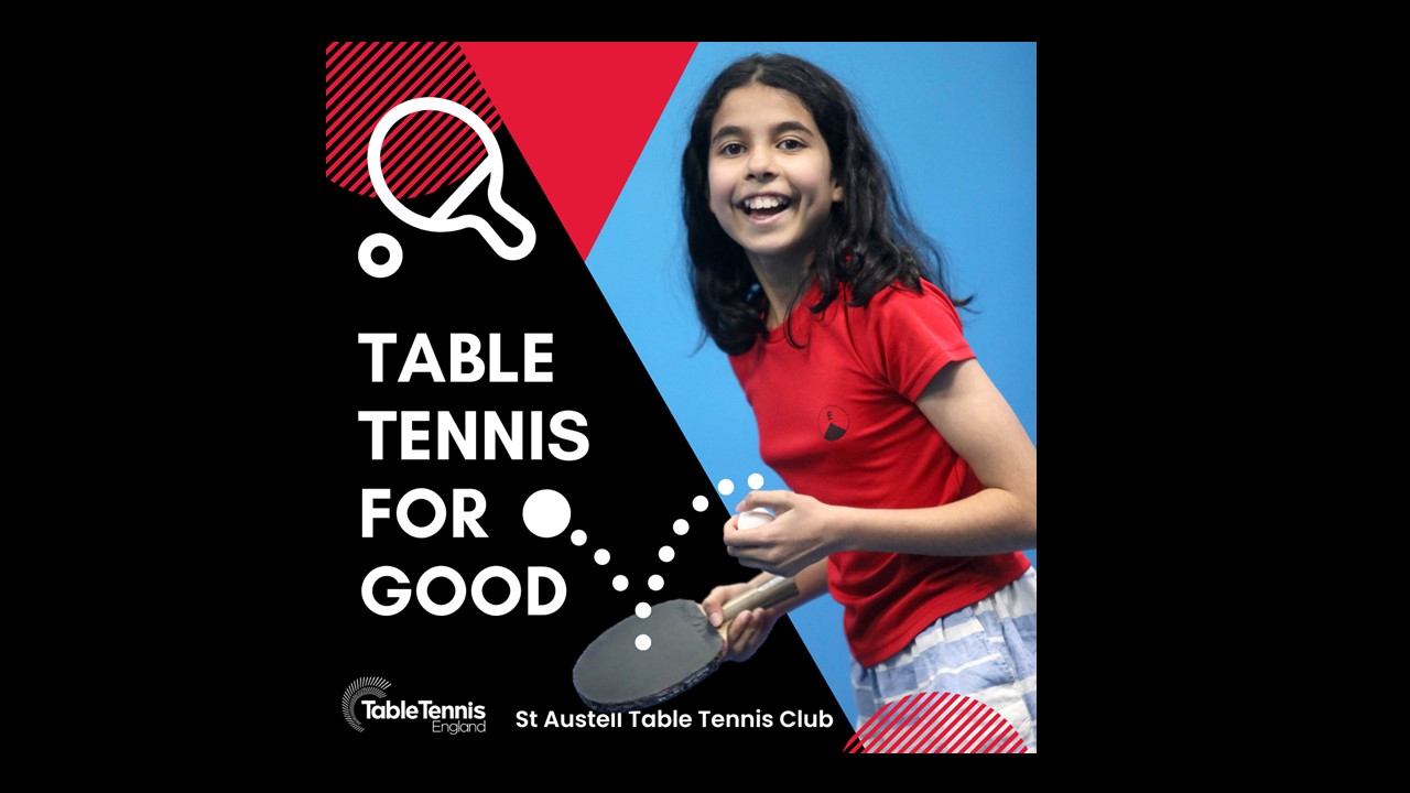 A girl holding a table tennis bat is smiling. The caption is Table Tennis for Good